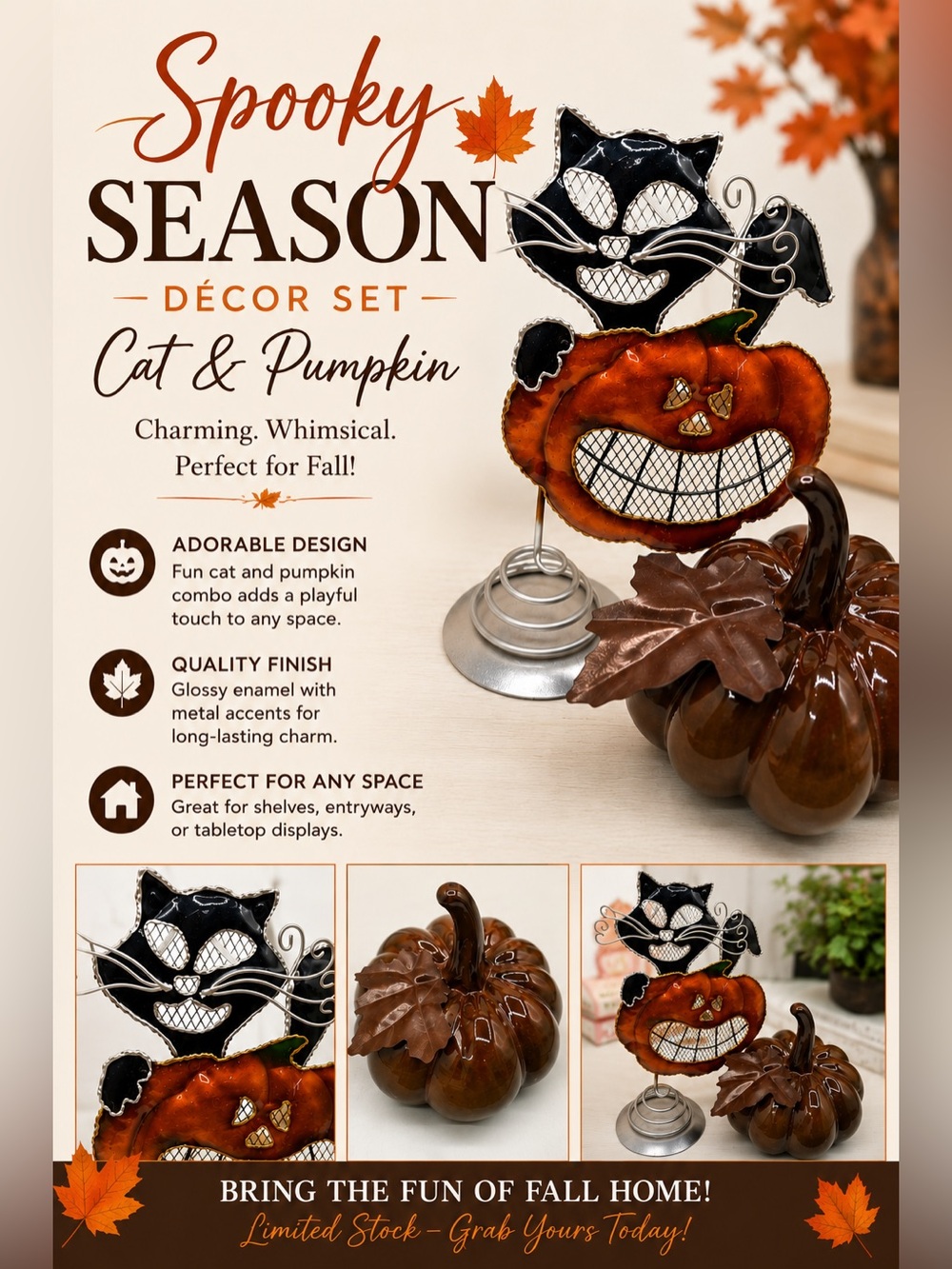 Spooky Season Set: Department 56 Pumpkin & Metal Pumpkin & Cat Decoration